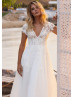 Short Sleeves Beaded Ivory Lace Tulle Keyhole Back Wedding Dress